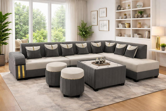 Royal Luxe 9 Seater U Shape Upholstered Sofa Set with Center Table & Ottomans