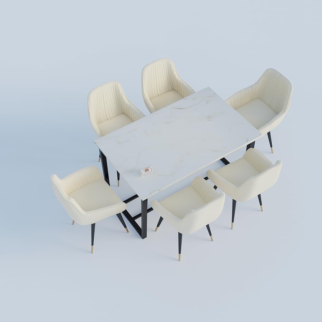 Modern 6 Seater Dining Table Set with Upholstered Chairs – Marble Finish Top & Metal Frame
