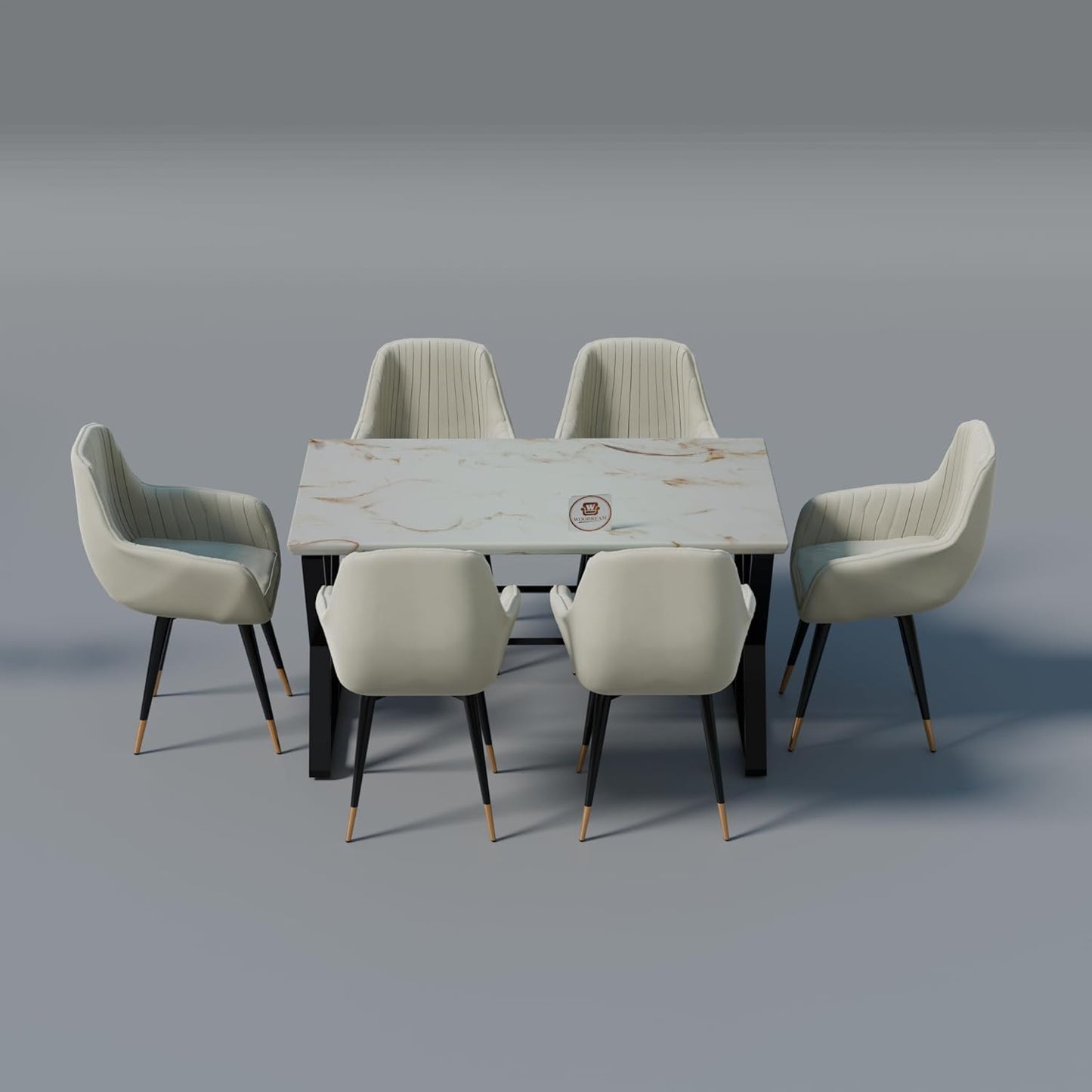 Modern 6 Seater Dining Table Set with Upholstered Chairs – Marble Finish Table Top