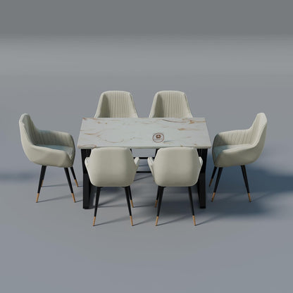 Modern 6 Seater Dining Table Set with Upholstered Chairs – Marble Finish Table Top