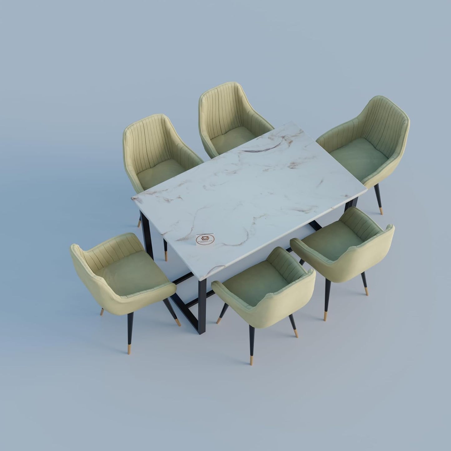 Modern 6 Seater Dining Table Set with Upholstered Chairs – Marble Finish Top & Metal Frame