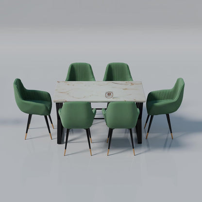 Modern 6 Seater Dining Table Set with Upholstered Chairs – Marble Finish Table Top
