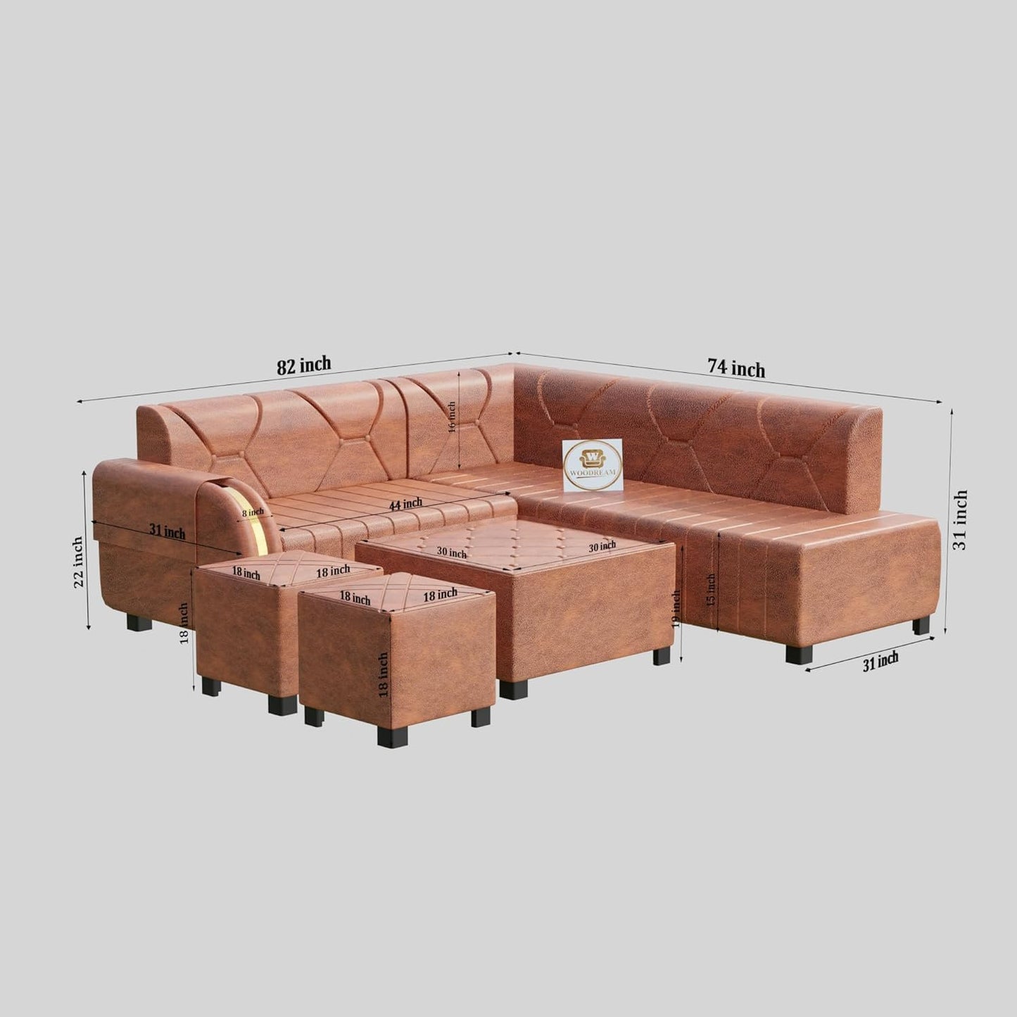 Upholstered 7 Seater L Shape Sofa Set with Center Table & Ottoman