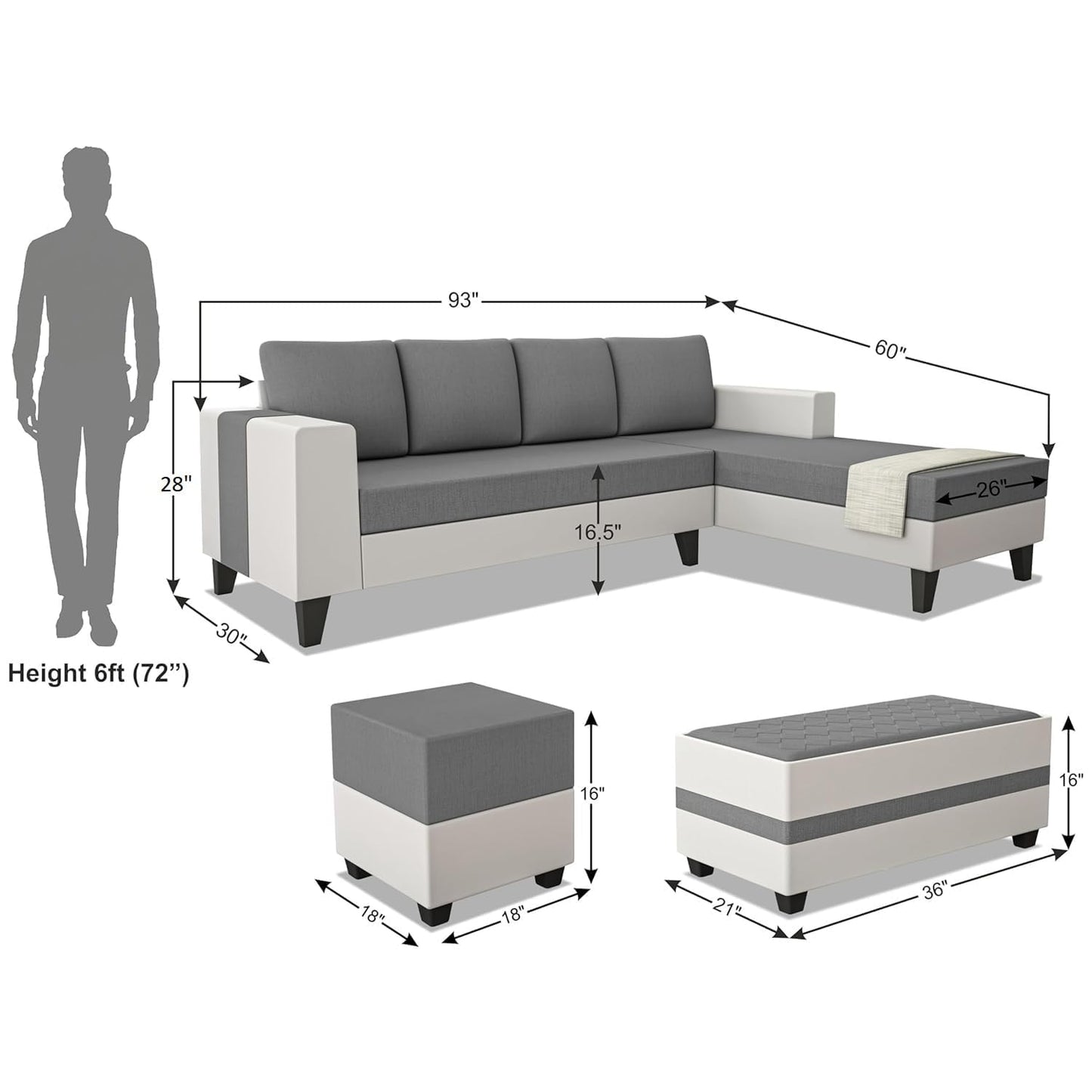 Prime Living 8 Seater L Shape Sofa Set with Bench & Ottomans