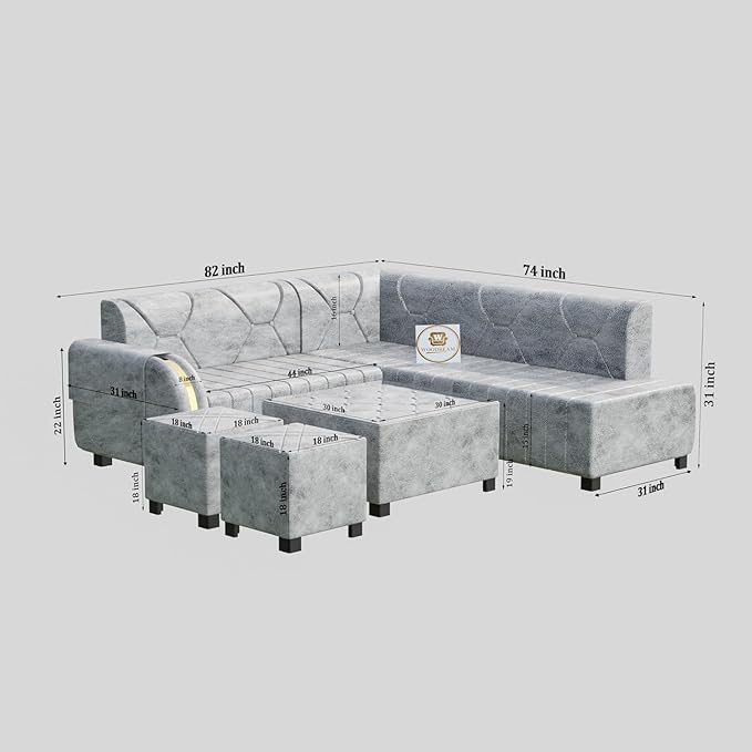 7 Seater Upholstered L Shape Sofa Set with Center Table & Ottomans