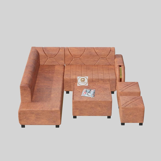Upholstered 7 Seater L Shape Sofa Set with Center Table & Ottoman