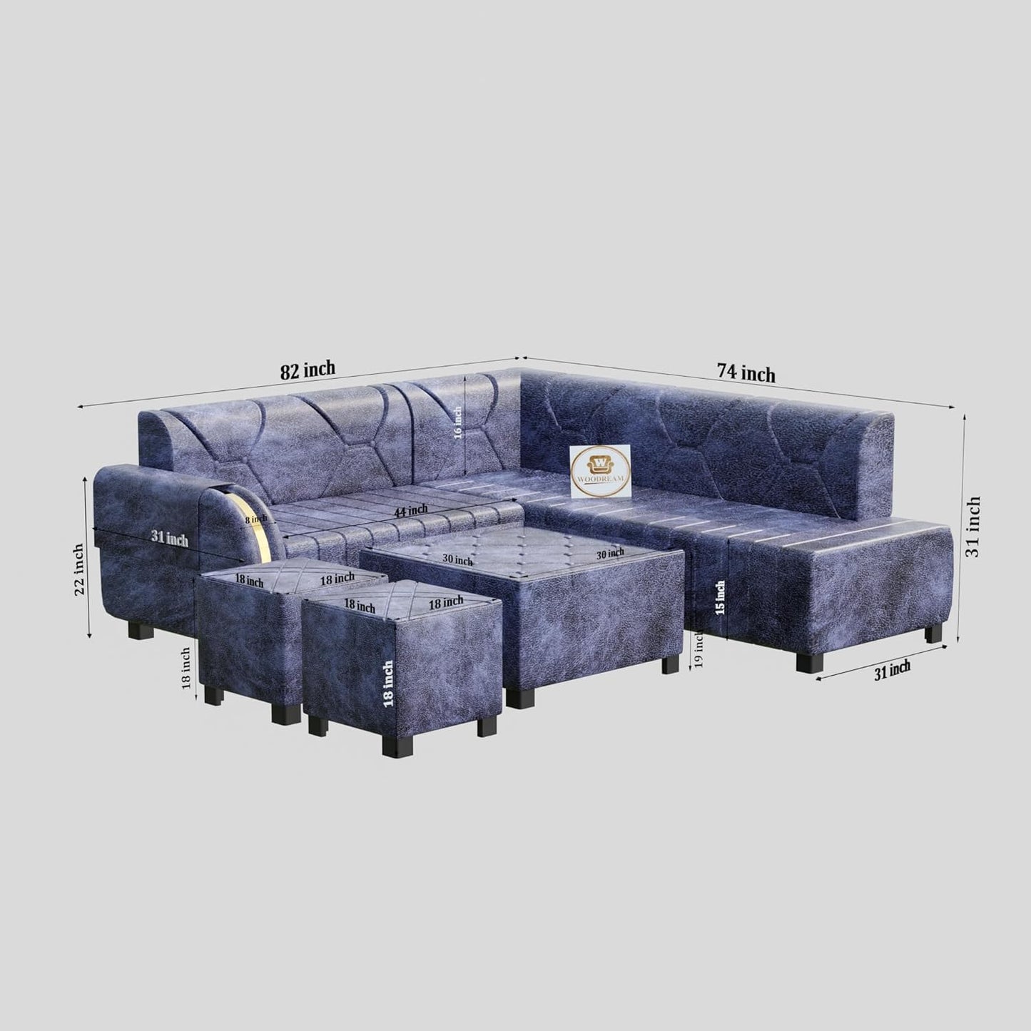Ocean Luxe 7 Seater L Shape Sofa Set with Center Table & Ottomans