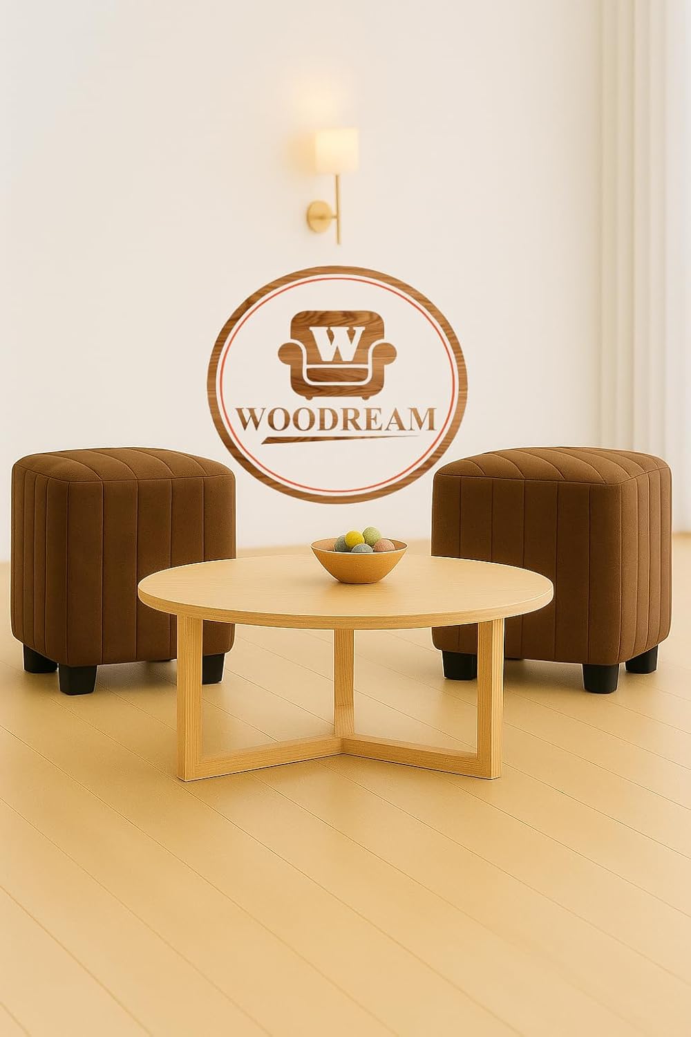 Stylish Upholstered Ottoman Stool Set of 2 – Compact Modern Footrest with Solid Wooden Legs