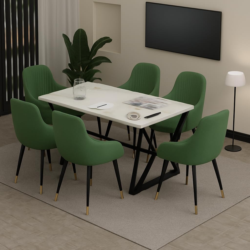 Modern 6 Seater Dining Table Set with Upholstered Chairs – Marble Finish Table Top