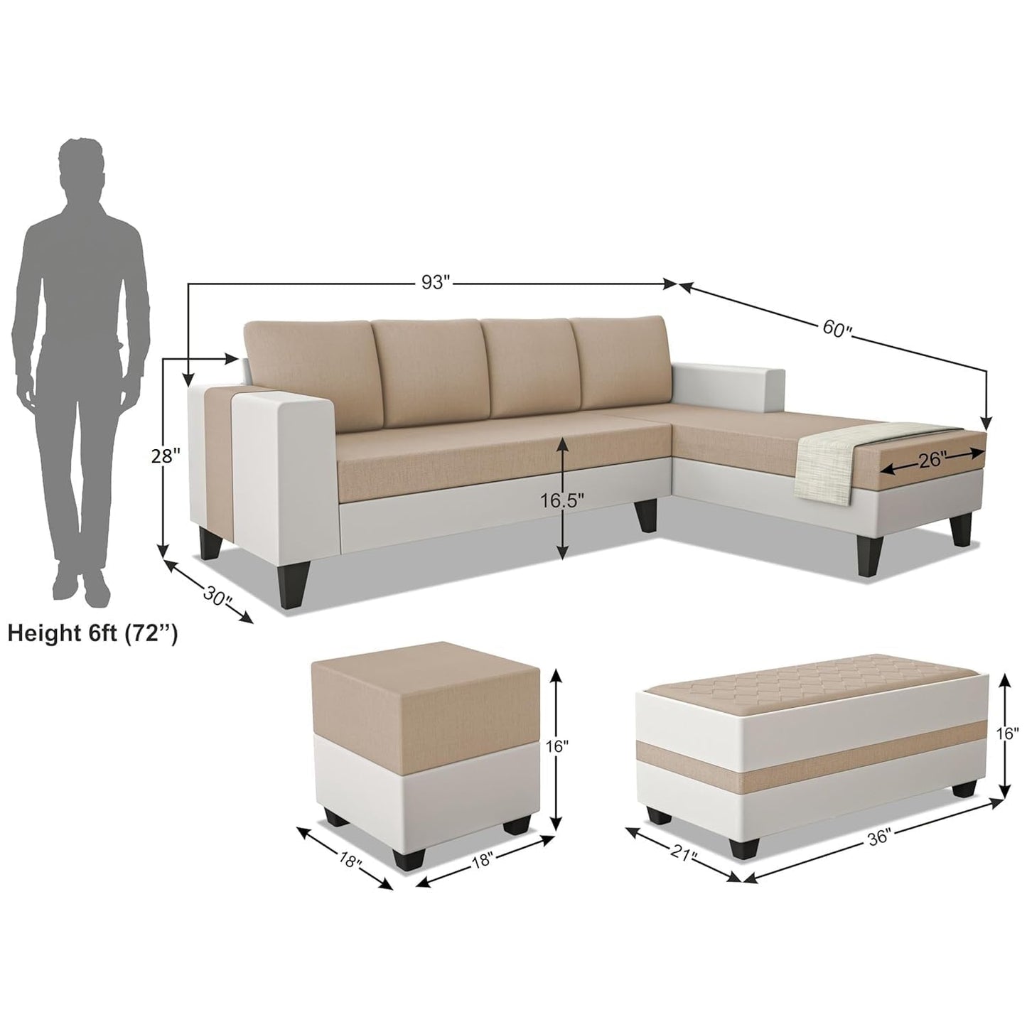 Comfort Plus 8 Seater L Shape Sofa Set with Bench & Ottomans