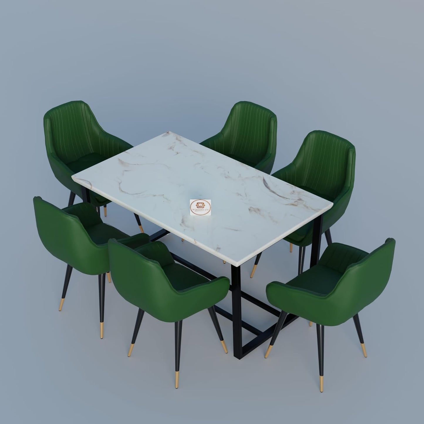 Modern 6 Seater Dining Table Set with Upholstered Chairs – Marble Finish Top & Metal Frame