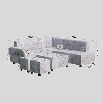 Modern Upholstered 7 Seater L Shape Sofa with Center Table & Puff Stools