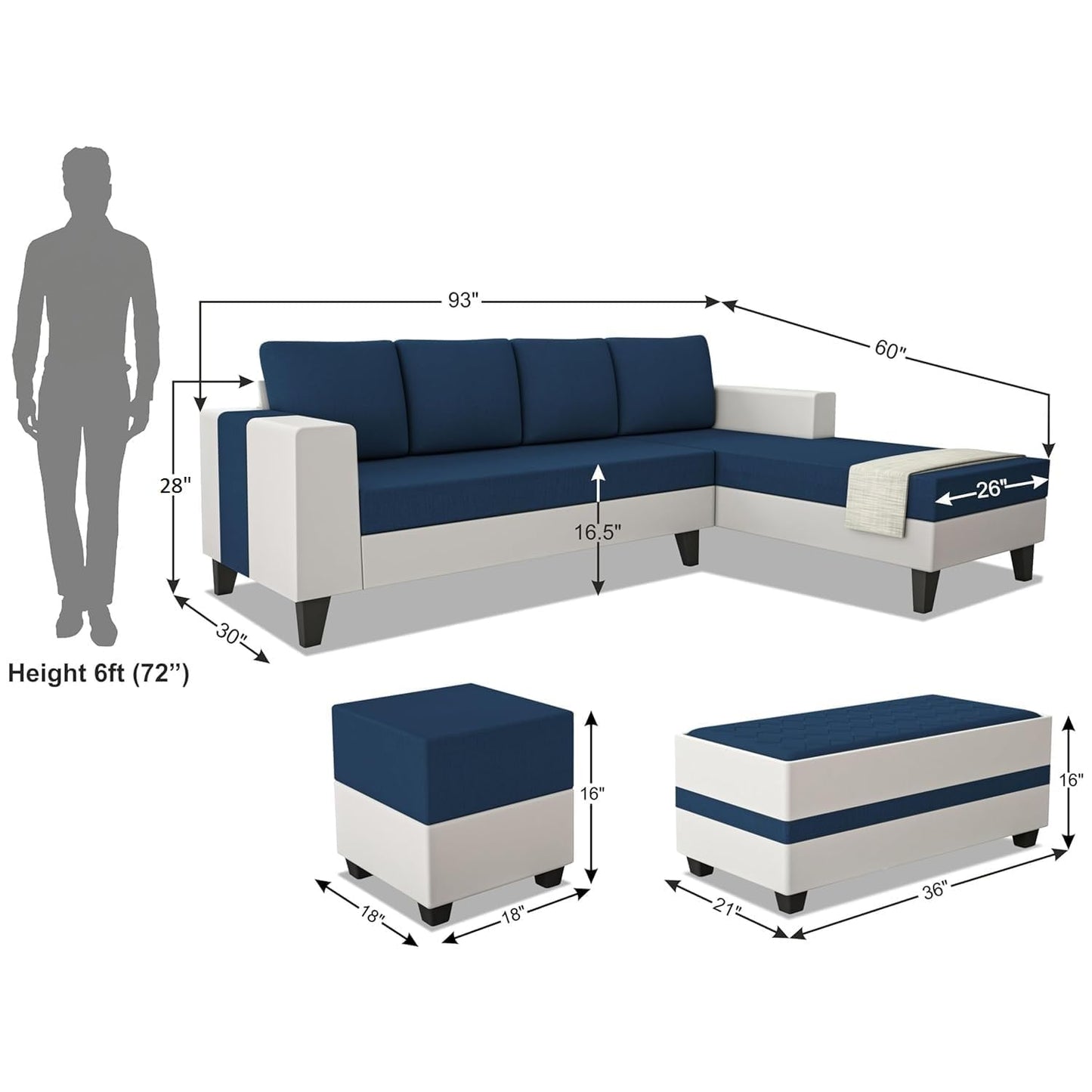 Urban Comfort 8 Seater L Shape Sofa Set with Center Table & Ottomans