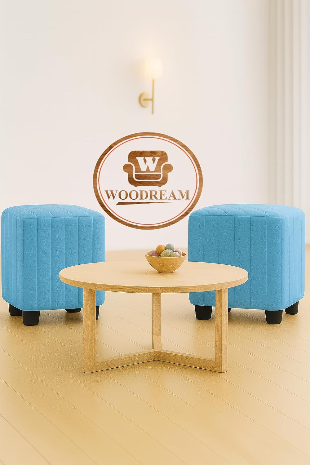 Stylish Upholstered Ottoman Stool Set of 2 – Compact Modern Footrest with Solid Wooden Legs