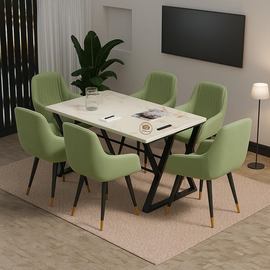 Modern 6 Seater Dining Table Set with Upholstered Chairs – Marble Finish Table Top