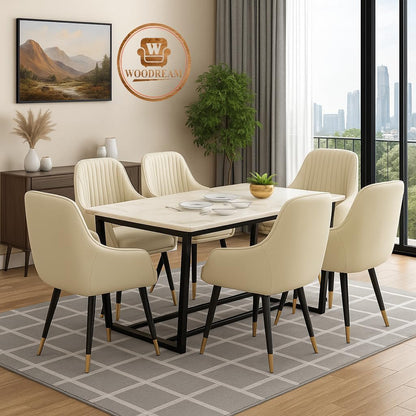Modern 6 Seater Dining Table Set with Upholstered Chairs – Marble Finish Top & Metal Frame