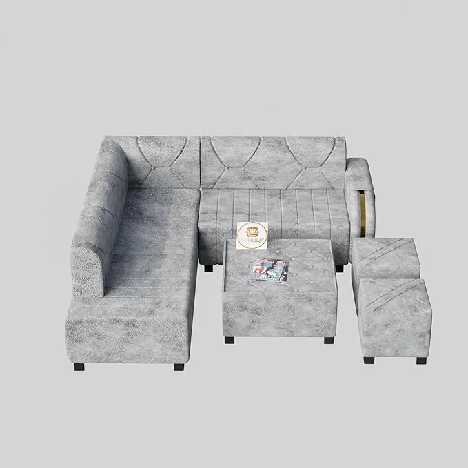 7 Seater Upholstered L Shape Sofa Set with Center Table & Ottomans