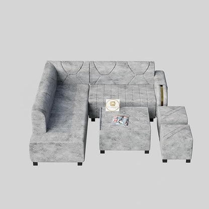 7 Seater Upholstered L Shape Sofa Set with Center Table & Ottomans
