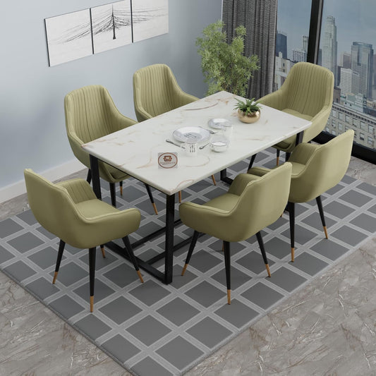 Modern 6 Seater Dining Table Set with Upholstered Chairs – Marble Finish Top & Metal Frame