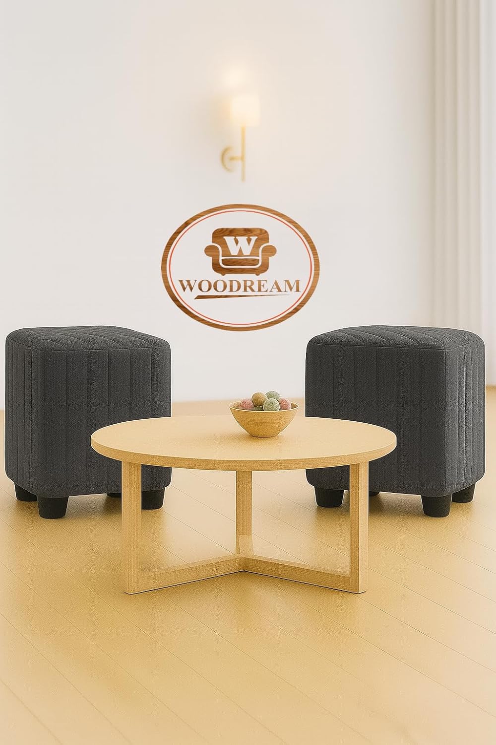 Stylish Upholstered Ottoman Stool Set of 2 – Compact Modern Footrest with Solid Wooden Legs