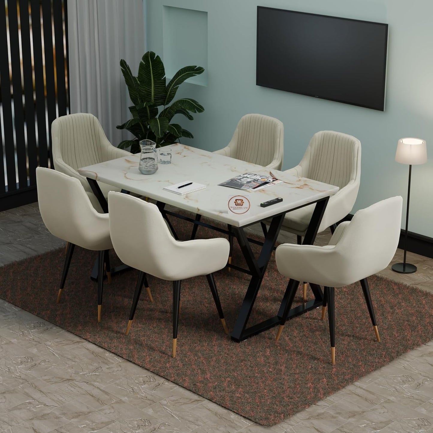 Modern 6 Seater Dining Table Set with Upholstered Chairs – Marble Finish Table Top
