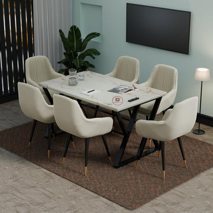 Modern 6 Seater Dining Table Set with Upholstered Chairs – Marble Finish Table Top