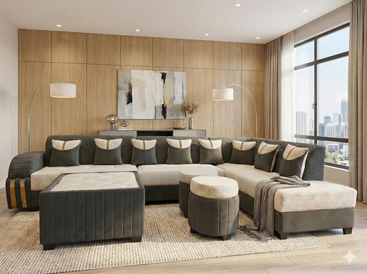 Royal Luxe 9 Seater U Shape Upholstered Sofa Set with Center Table & Ottomans
