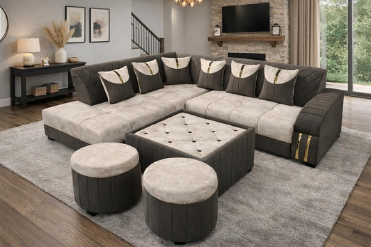 Royal Comfort Upholstered 7 Seater L Shape Sofa Set with Center Table & Ottomans