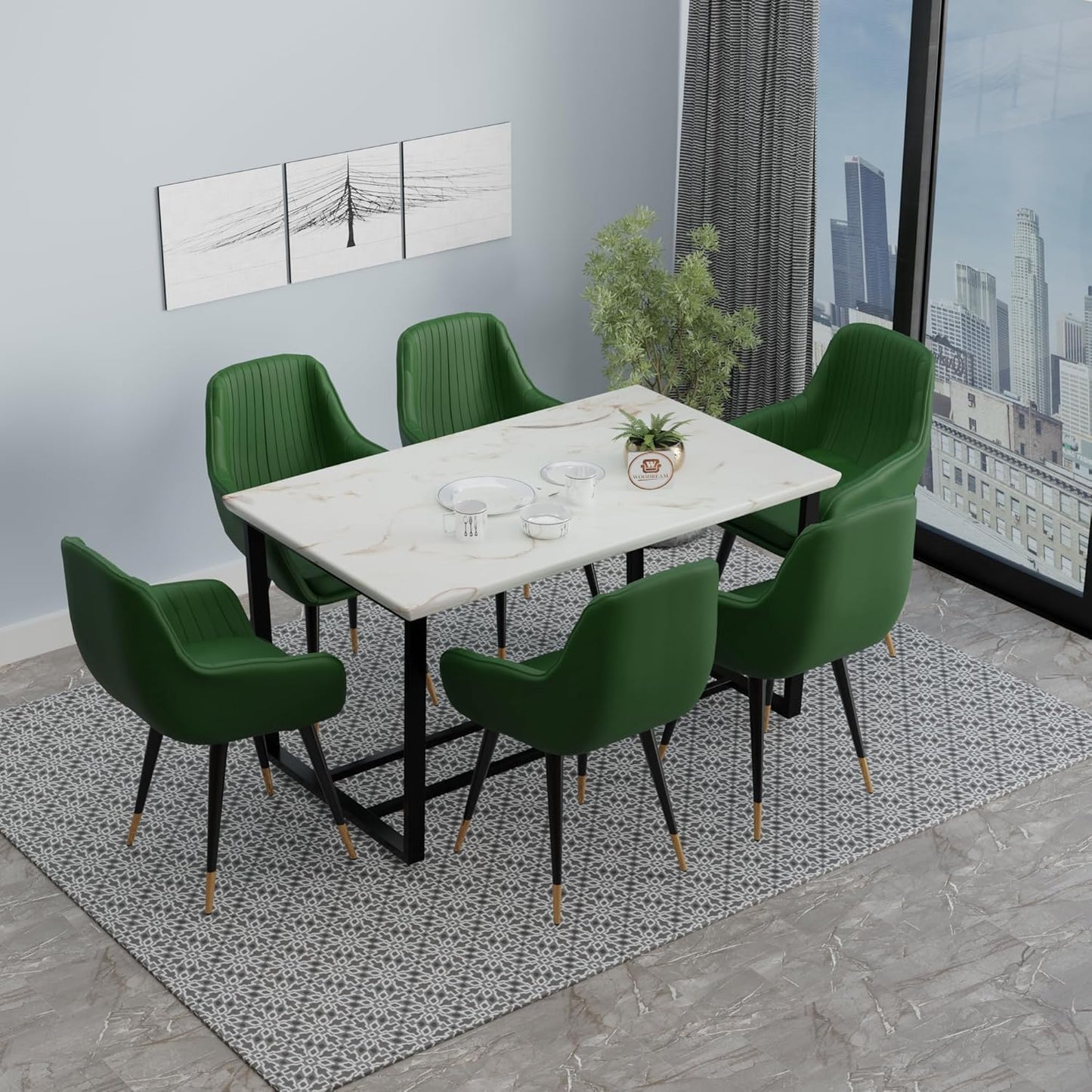 Modern 6 Seater Dining Table Set with Upholstered Chairs – Marble Finish Top & Metal Frame