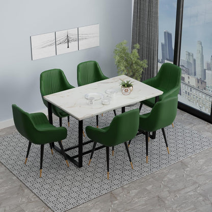 Modern 6 Seater Dining Table Set with Upholstered Chairs – Marble Finish Top & Metal Frame