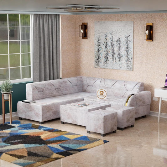 Modern Upholstered 7 Seater L Shape Sofa with Center Table & Puff Stools