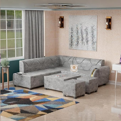7 Seater Upholstered L Shape Sofa Set with Center Table & Ottomans