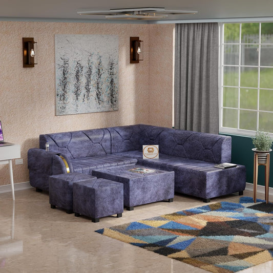 Ocean Luxe 7 Seater L Shape Sofa Set with Center Table & Ottomans