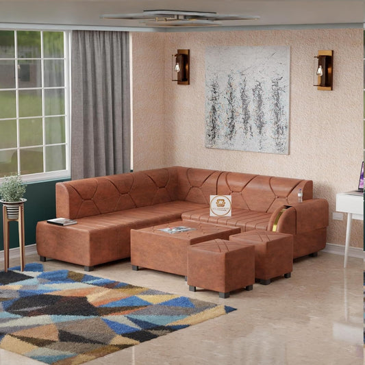 Upholstered 7 Seater L Shape Sofa Set with Center Table & Ottoman